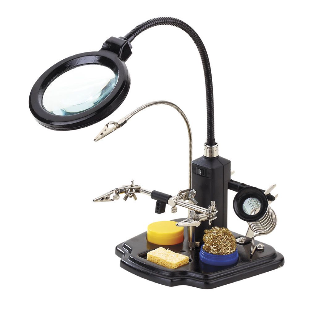 SOPORTE PARA SOLDADOR CON LUPA, LUZ Y PINZAS DE COCODRILO