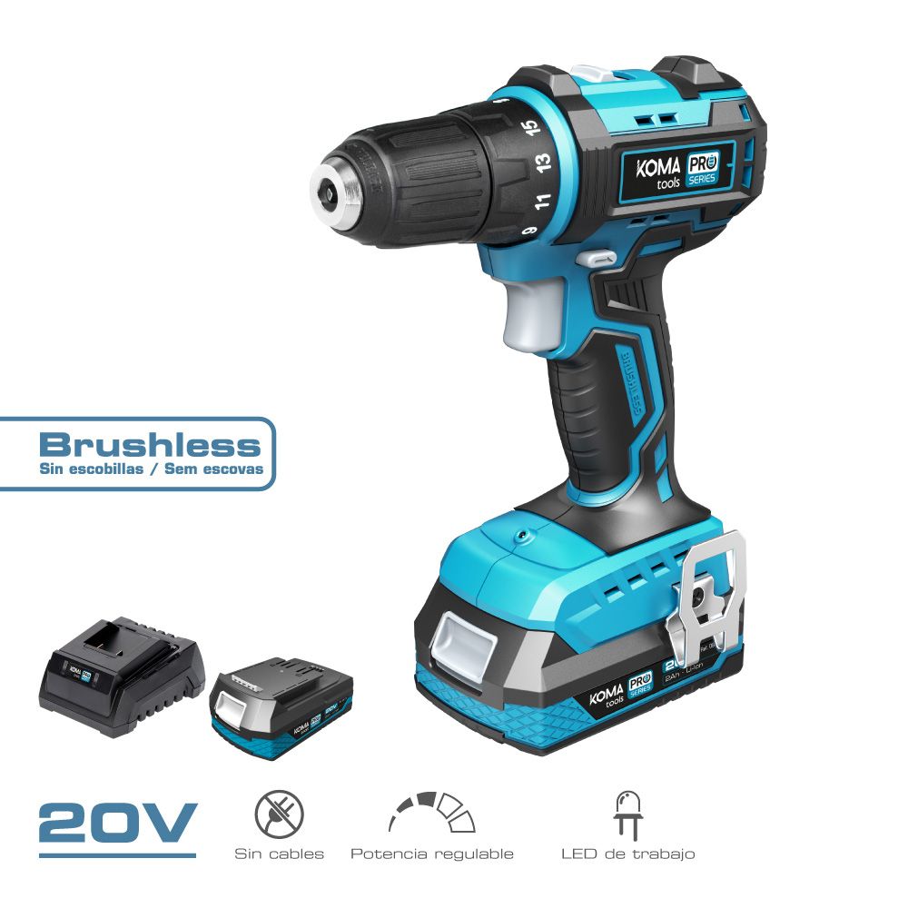 KIT TALADRO ATORNILLADOR BRUSHLESS 20 V CON 2 BATERÍAS 2,0Ah Y CARGADOR