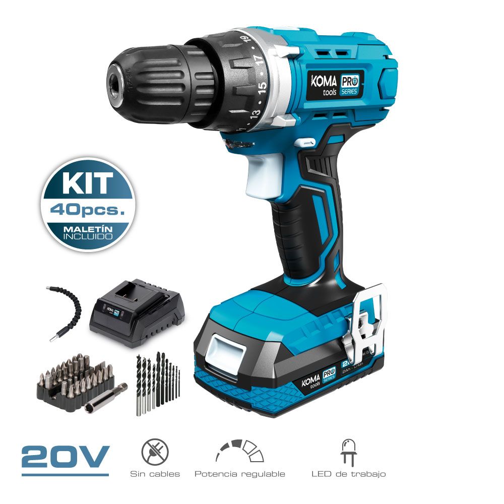 KIT TALADRO ATORNILLADOR 20 V CON 40 ACCESORIOS, BATERÍA 2.0Ah Y CARGADOR