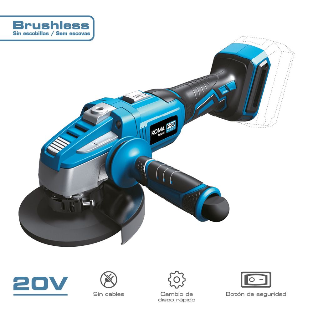 AMOLADORA ANGULAR BRUSHLESS 20V Ø125 mm SIN BATERÍA NI CARGADOR, 37,5 x 12 cm