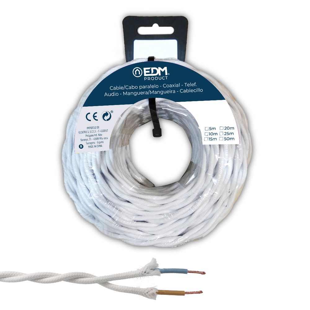 CARRETE CABLE PARALELO TEXTIL TRENZADO H07V-K 2 x 2,50 mm² BLANCO, 5 m