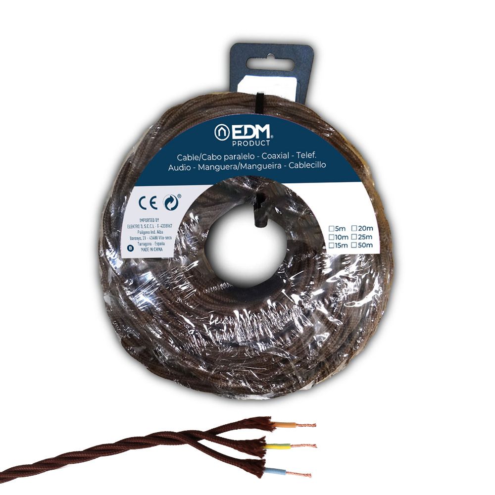 CARRETE CABLE PARALELO TEXTIL TRENZADO H05V-K 3 G 1,00 mm² MARRÓN, 25 m