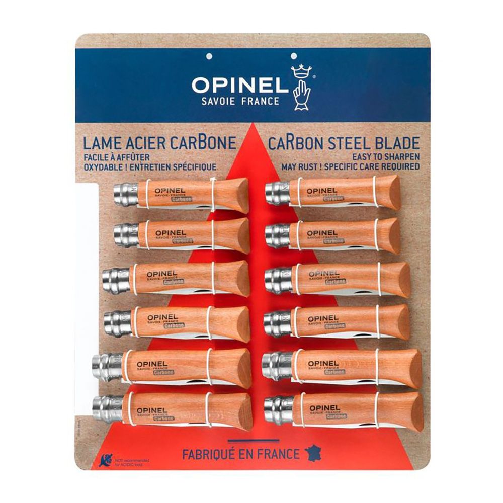 EXPOSITOR NAVAJAS OPINEL ACERO AL CARBONO, 12 uds (Nº6, Nº7, Nº8, 4 uds DE CADA NUMERO)