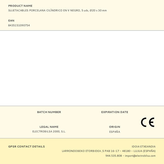 SUJETACABLES PORCELANA CILÍNDRICO EN V NEGRO, 5 uds, Ø20 x 30 mm