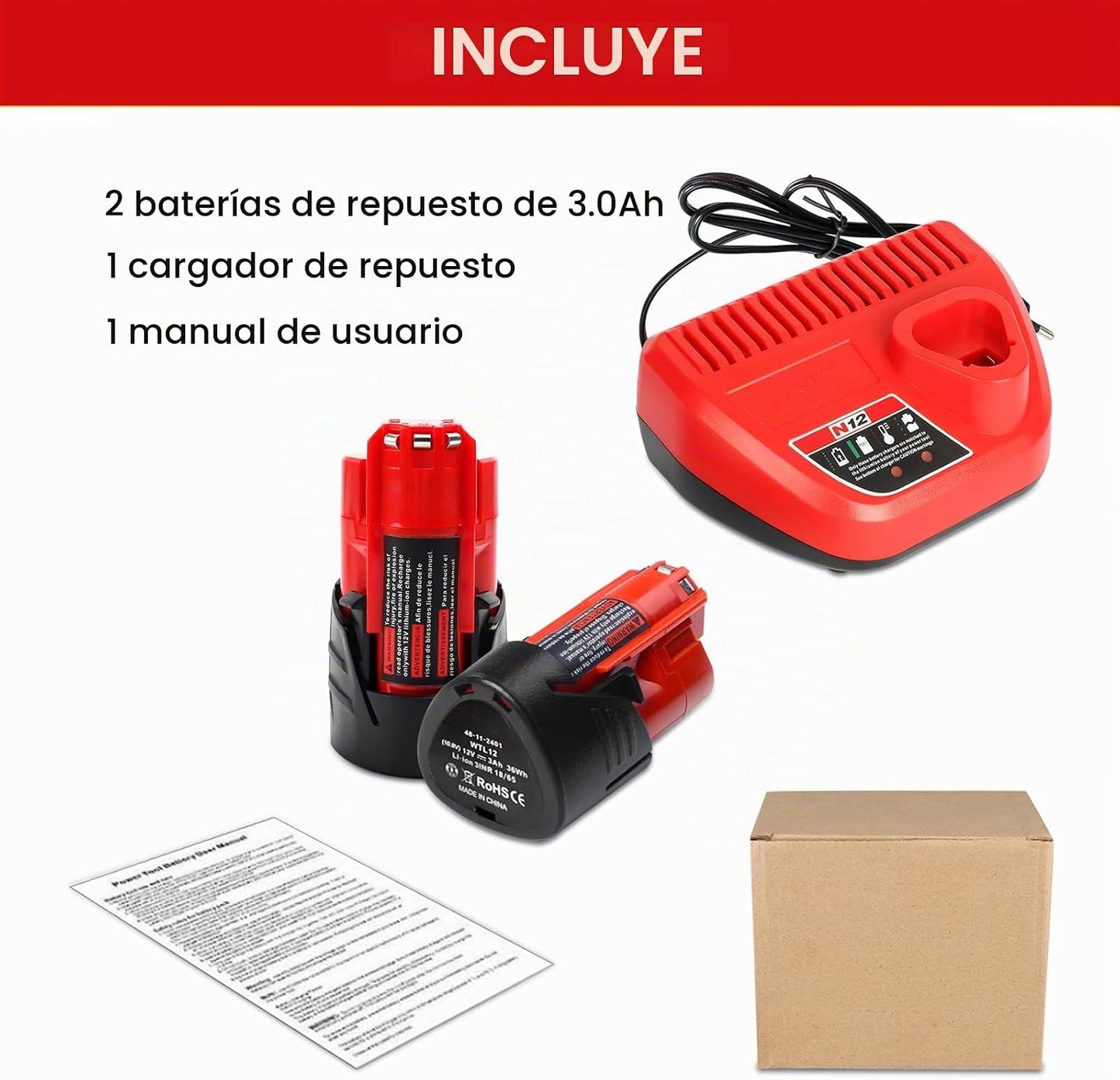 Kit 2x Baterías 12V 3.0Ah + Cargador (Compatible Milwaukee M12)