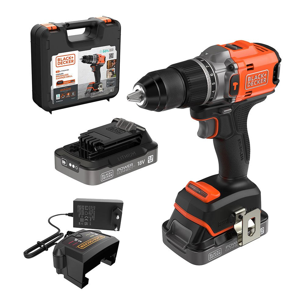 KIT TALADRO PERCUTOR BRUSHLESS 18 V, Ø13 mm, CON 2 BATERÍAS 2 Ah Y CARGADOR