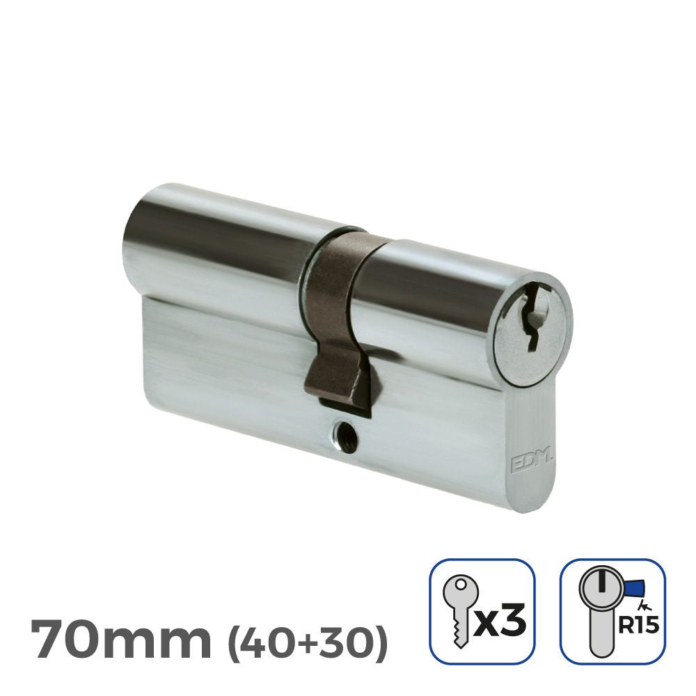 CILINDRO 70mm (40+30mm) NIQUELADO, LEVA LARGA R15 CON 3 LLAVES DE SERRETA INCLUIDAS