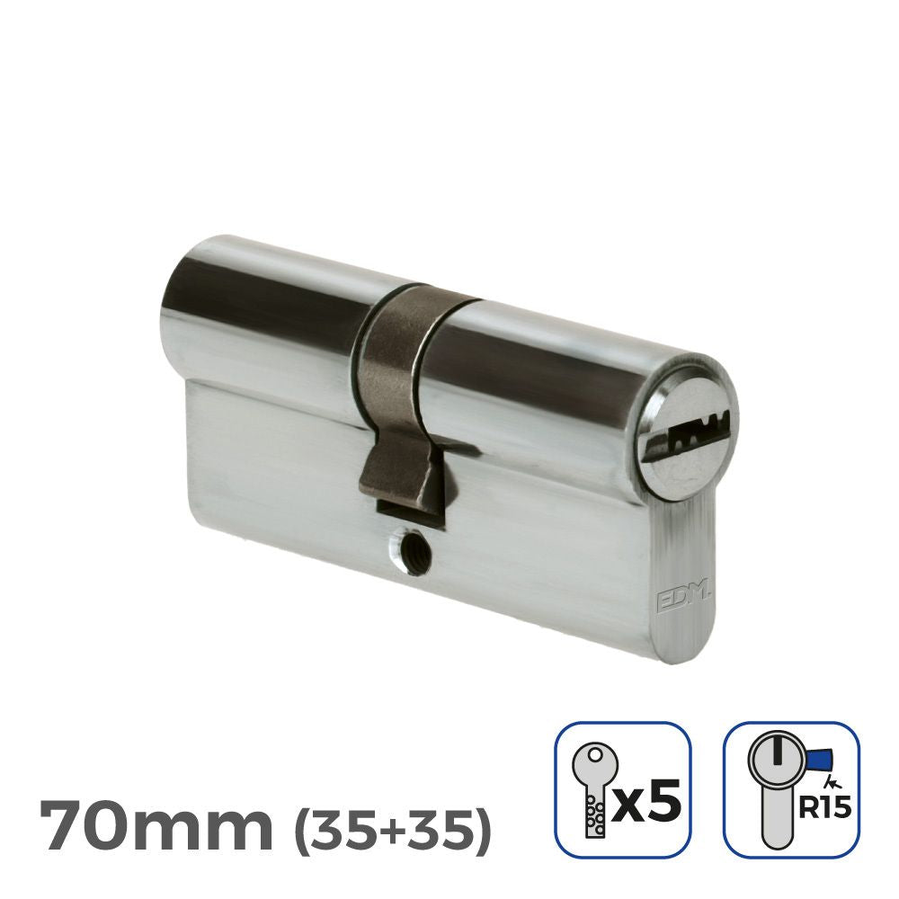 CILINDRO 70mm (35+35mm) NIQUELADO, LEVA LARGA R15 CON 5 LLAVES SEGURIDAD INCLUIDAS