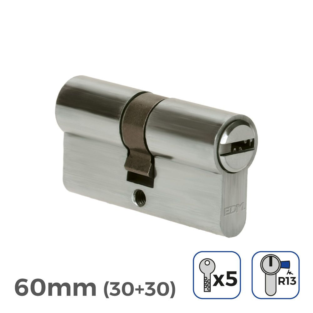 CILINDRO 60mm (30+30mm) NIQUELADO, LEVA CORTA R13 CON 5 LLAVES SEGURIDAD INCLUIDAS