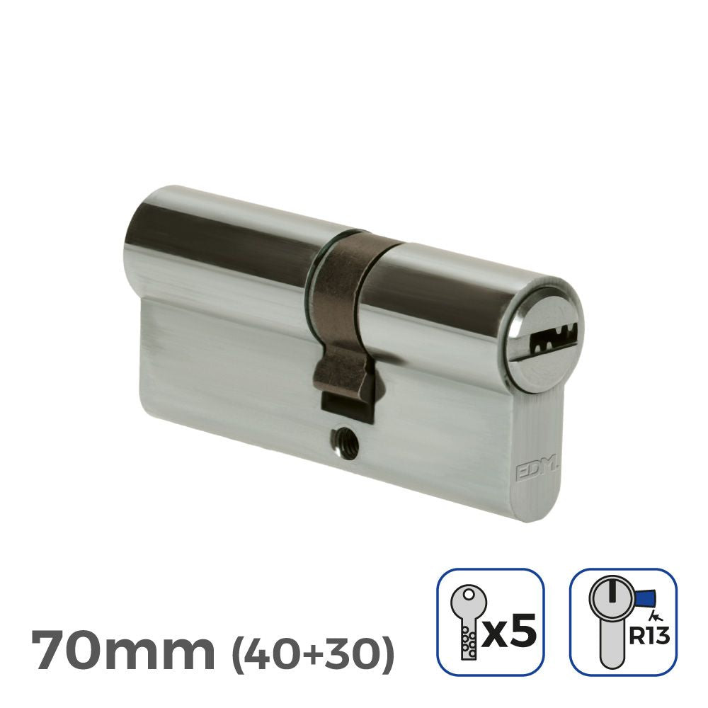 CILINDRO 70mm (40+30mm) NIQUELADO, LEVA CORTA R13 CON 5 LLAVES SEGURIDAD INCLUIDAS