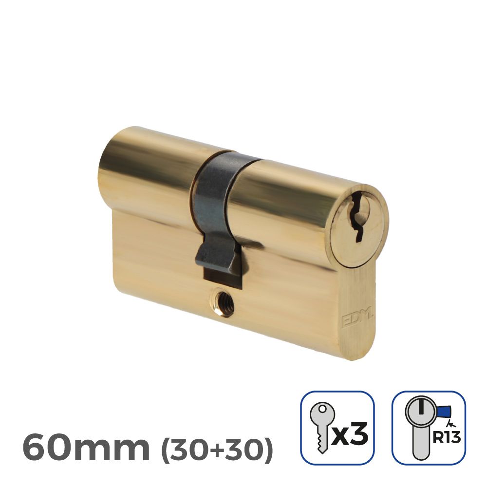 CILINDRO LATÓN 60mm (30+30mm) LEVA CORTA R13 CON 3 LLAVES DE SERRETA INCLUIDAS
