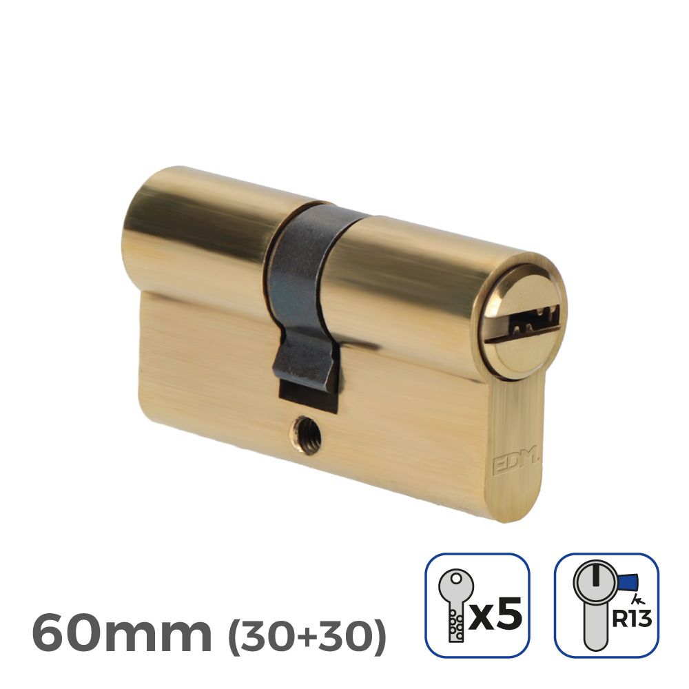 CILINDRO DE LATÓN 60mm (30+30mm) LEVA CORTA R13 CON 5 LLAVES DE SEGURIDAD INCLUIDAS