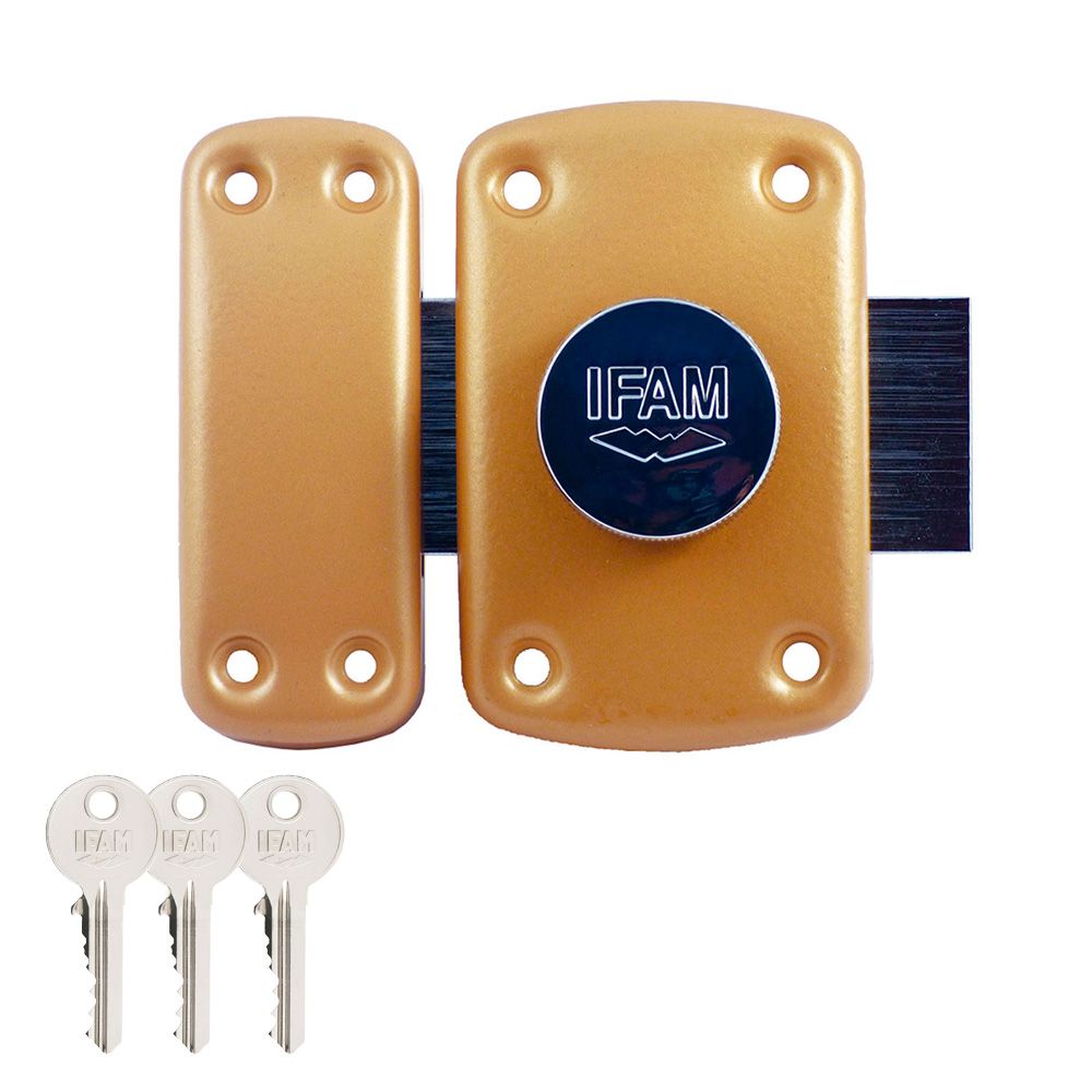 CERROJO, SEGURIDAD, SOBREPONER, MODELO B5/50, ACABADO LATONADO, CON 3 LLAVES DE SERRETA
