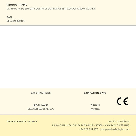CERRADURA, DE EMBUTIR, CORTAFUEGO, PICAPORTE MECÁNICO Y PALANCA 43020.65.0, LLAVE Y MANILLA 9 mm