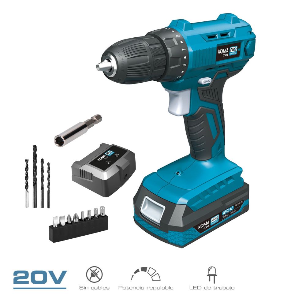 KIT TALADRO ATORNILLADOR 20 V CON BATERÍA 2,0Ah Y CARGADOR