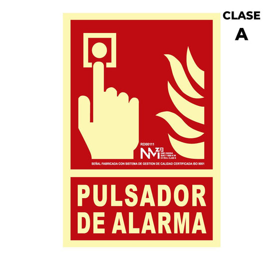 CARTEL DE EXTINCIÓN "PULSADOR DE ALARMA" CLASE A (PCV 1mm)  21x30cm NORMALUZ