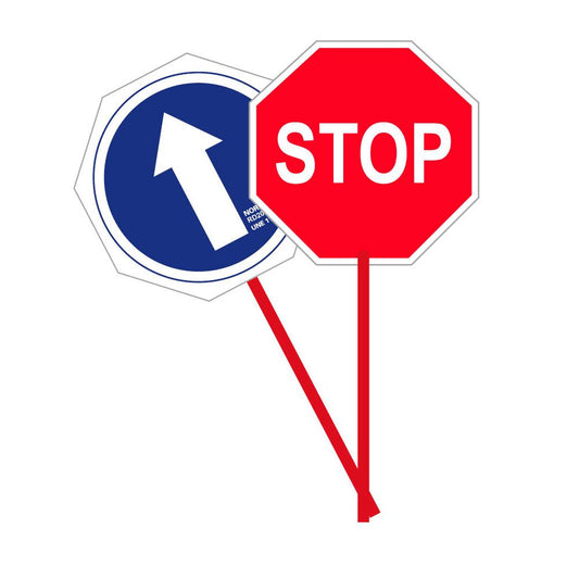 PALETA MANUAL DE SEÑALIZACIÓN A DOS CARAS CON STOP Y SENTIDO OBLIGATORIO, PVC 2 mm, Ø 30 cm