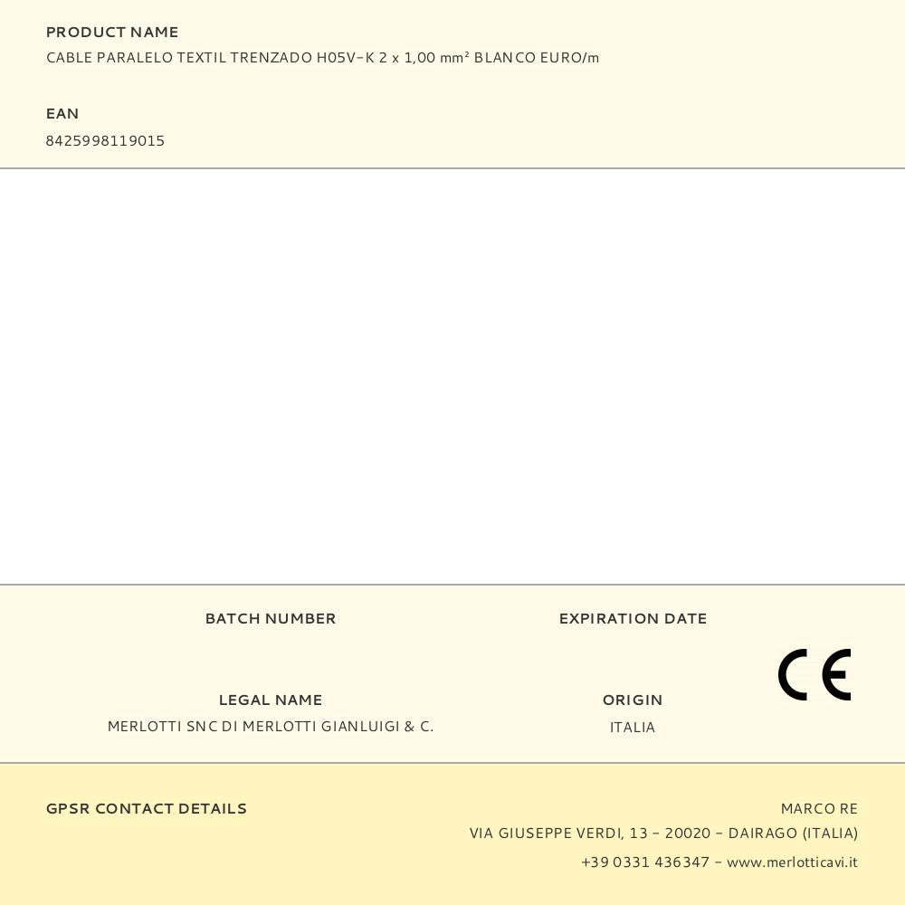 CABLE PARALELO TEXTIL TRENZADO H05V-K 2 x 1,00 mm² BLANCO EURO/m