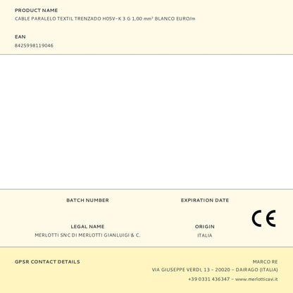 CABLE PARALELO TEXTIL TRENZADO H05V-K 3 G 1,00 mm² BLANCO EURO/m
