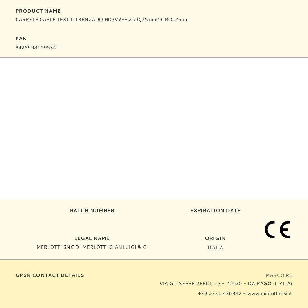 CARRETE CABLE TEXTIL TRENZADO H03VV-F 2 x 0,75 mm² ORO, 25 m
