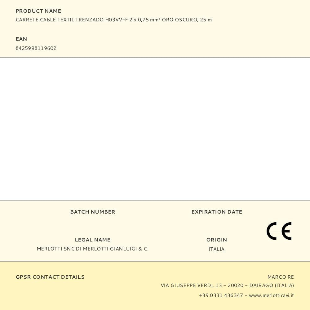 CARRETE CABLE TEXTIL TRENZADO H03VV-F 2 x 0,75 mm² ORO OSCURO, 25 m