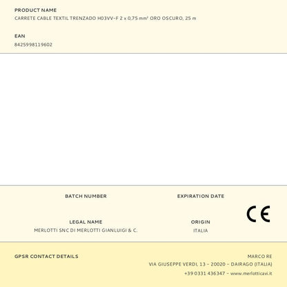 CARRETE CABLE TEXTIL TRENZADO H03VV-F 2 x 0,75 mm² ORO OSCURO, 25 m