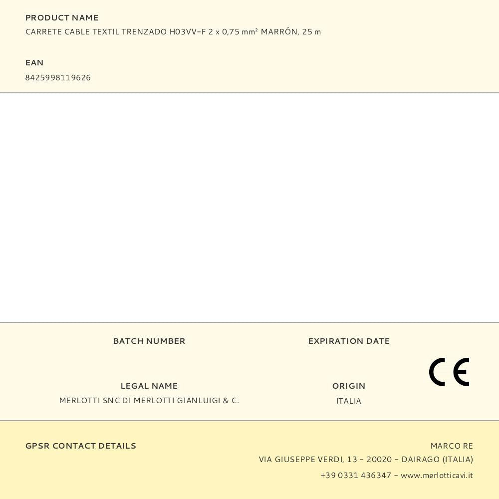 CARRETE CABLE TEXTIL TRENZADO H03VV-F 2 x 0,75 mm² MARRÓN, 25 m