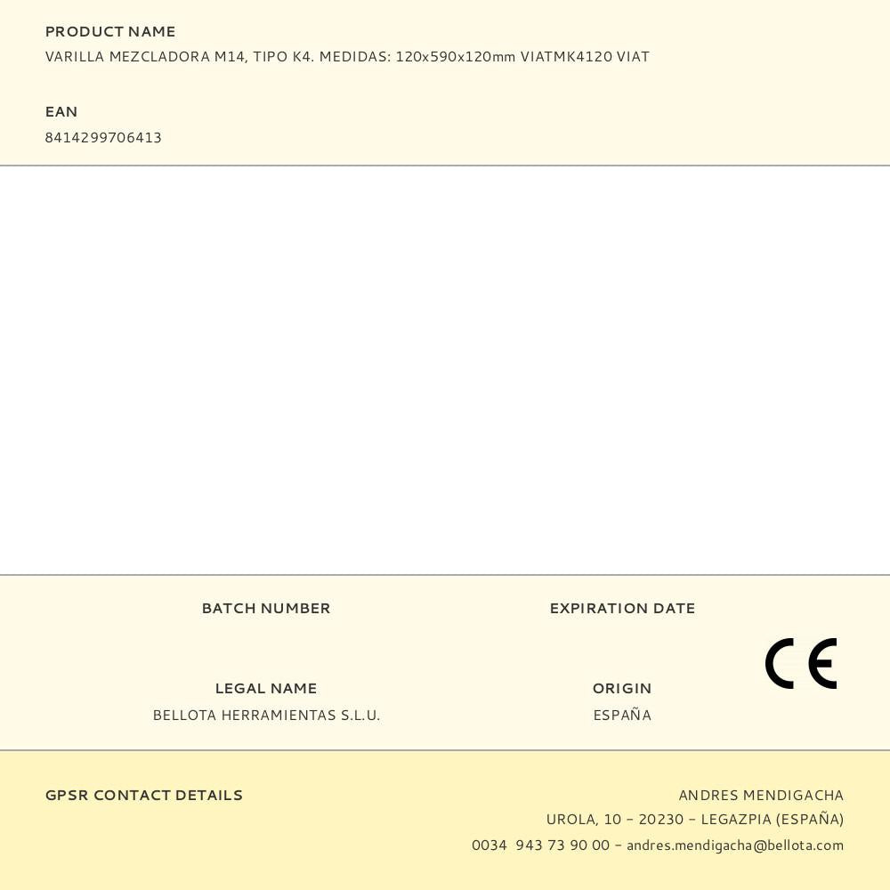 VARILLA MEZCLADORA M14, TIPO K4. MEDIDAS: 120 x 590 x 120 mm