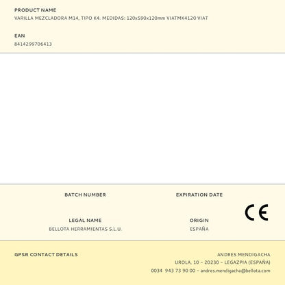 VARILLA MEZCLADORA M14, TIPO K4. MEDIDAS: 120 x 590 x 120 mm