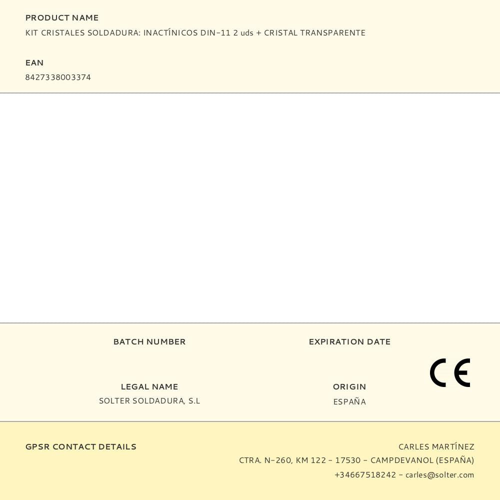 KIT CRISTALES SOLDADURA: INACTÍNICOS DIN-11 2 uds + CRISTAL TRANSPARENTE