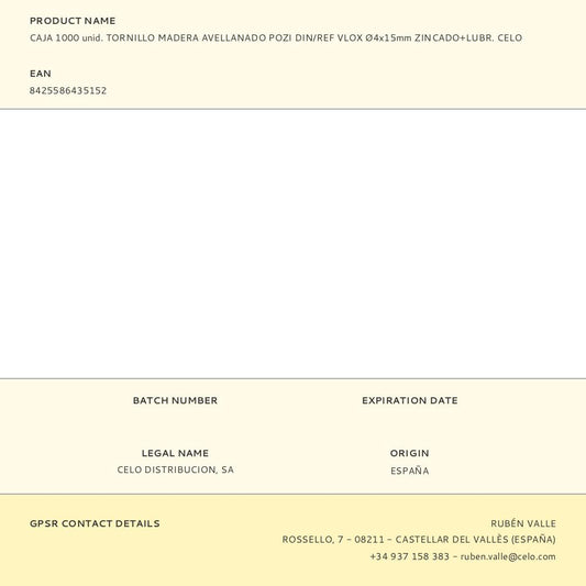 CAJA 1000 unid. TORNILLO MADERA AVELLANADO POZI DIN/REF VLOX Ø4x15mm ZINCADO+LUBR. CELO