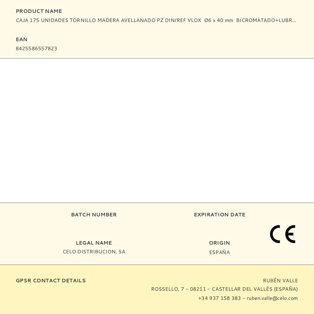 CAJA 175 UNIDADES TORNILLO MADERA AVELLANADO PZ DIN/REF VLOX  Ø6 x 40 mm  BICROMATADO+LUBR.