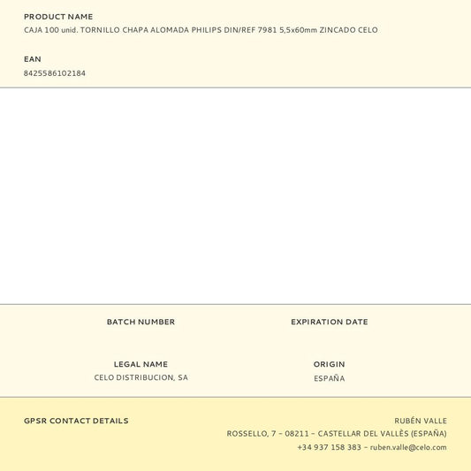 CAJA 100 unid. TORNILLO CHAPA ALOMADA PHILIPS DIN/REF 7981 5,5x60mm ZINCADO CELO