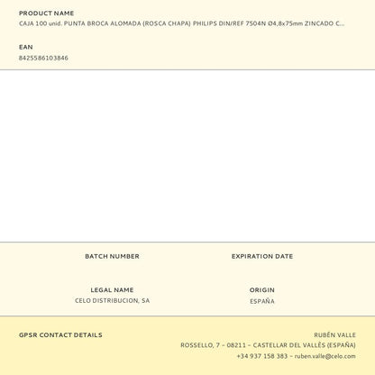 CAJA 100 unid. PUNTA BROCA ALOMADA (ROSCA CHAPA) PHILIPS DIN/REF 7504N Ø4,8x75mm ZINCADO CELO