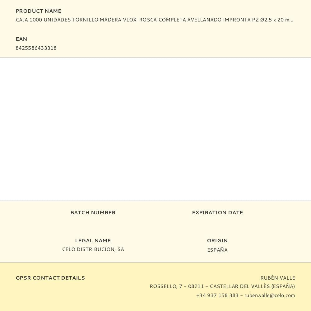 CAJA 1000 UNIDADES TORNILLO MADERA VLOX  ROSCA COMPLETA AVELLANADO IMPRONTA PZ Ø2,5 x 20 mm. BICROMATADO