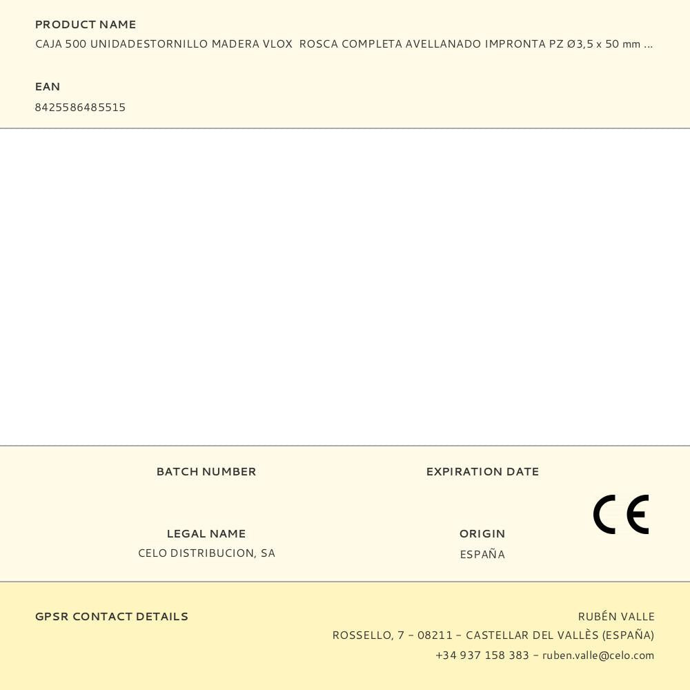 CAJA 500 UNIDADESTORNILLO MADERA VLOX  ROSCA COMPLETA AVELLANADO IMPRONTA PZ Ø3,5 x 50 mm BICROMATADO