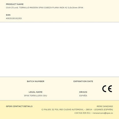 CAJA 25 unid. TORNILLO MADERA SPAX CABEZA PLANA INOX A2 3,0x16mm SPAX