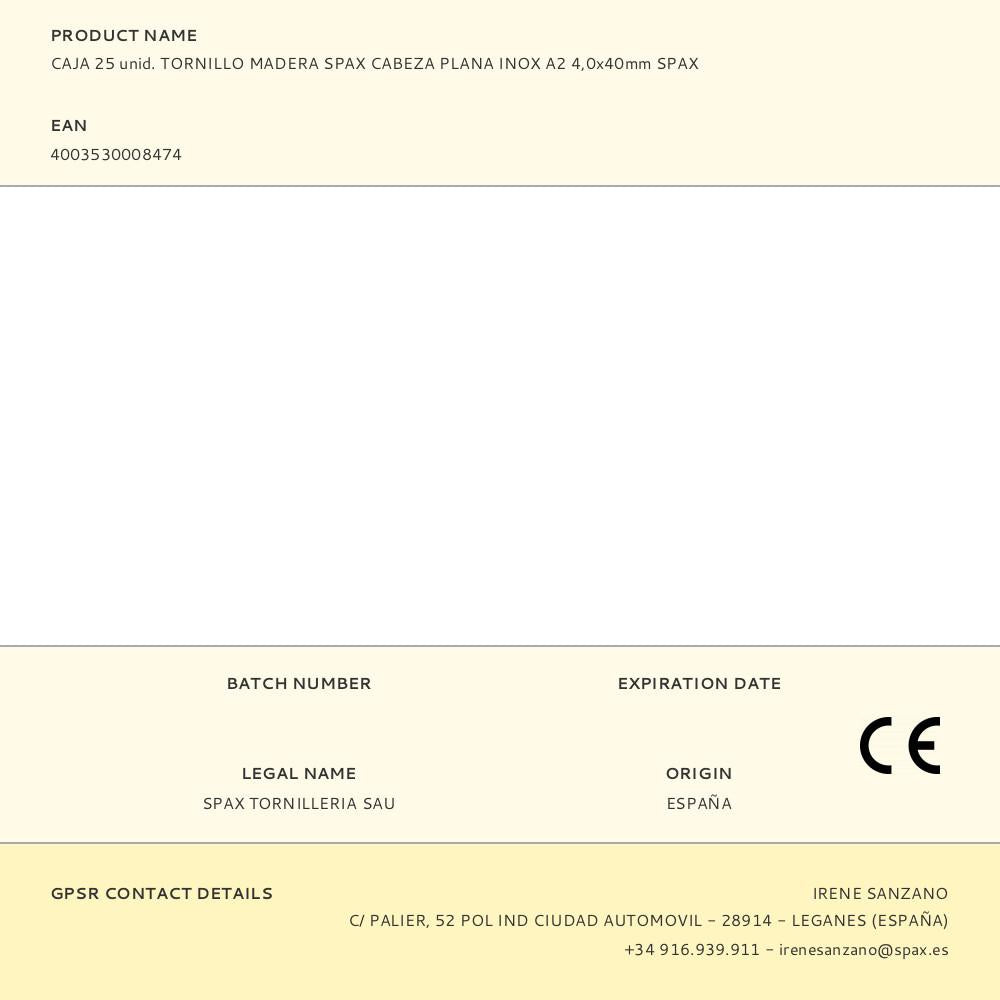 CAJA 25 unid. TORNILLO MADERA SPAX CABEZA PLANA INOX A2 4,0x40mm SPAX