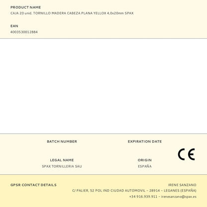CAJA 20 unid. TORNILLO MADERA CABEZA PLANA YELLOX 4,0x20mm SPAX
