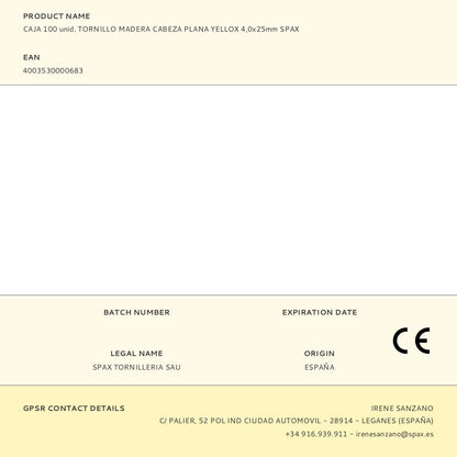 CAJA 100 unid. TORNILLO MADERA CABEZA PLANA YELLOX 4,0x25mm SPAX