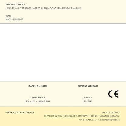 CAJA 20 unid. TORNILLO MADERA CABEZA PLANA YELLOX 4,0x30mm SPAX