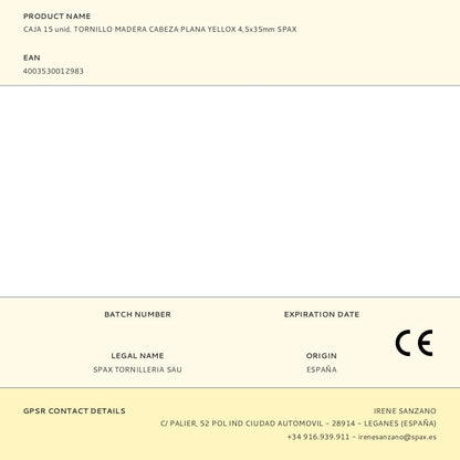 CAJA 15 unid. TORNILLO MADERA CABEZA PLANA YELLOX 4,5x35mm SPAX