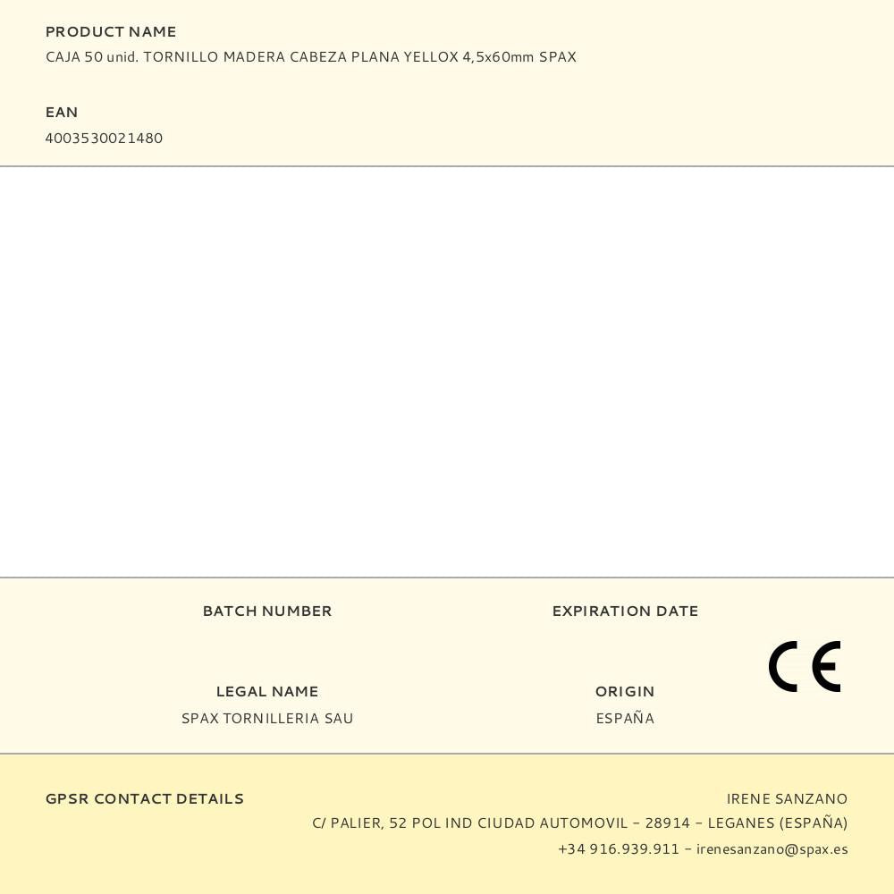 CAJA 50 unid. TORNILLO MADERA CABEZA PLANA YELLOX 4,5x60mm SPAX