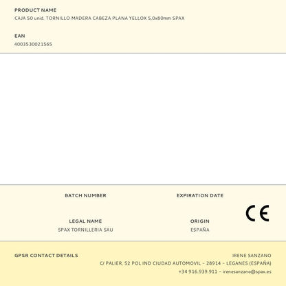CAJA 50 unid. TORNILLO MADERA CABEZA PLANA YELLOX 5,0x80mm SPAX