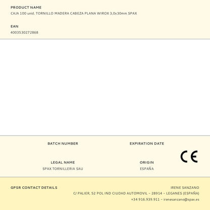 CAJA 100 unid. TORNILLO MADERA CABEZA PLANA WIROX 3,0x30mm SPAX