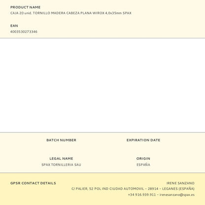 CAJA 20 unid. TORNILLO MADERA CABEZA PLANA WIROX 4,0x35mm SPAX
