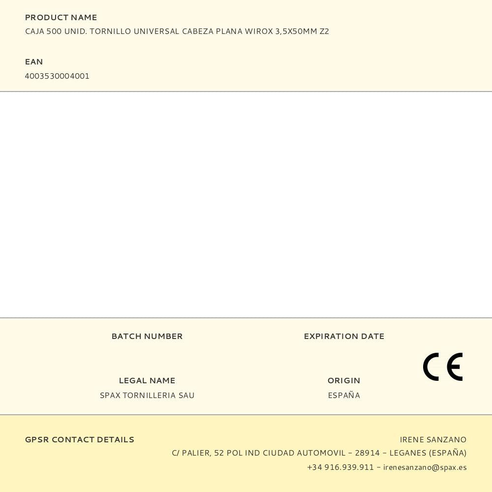 CAJA 500 UNID. TORNILLO UNIVERSAL CABEZA PLANA WIROX 3,5X50MM Z2
