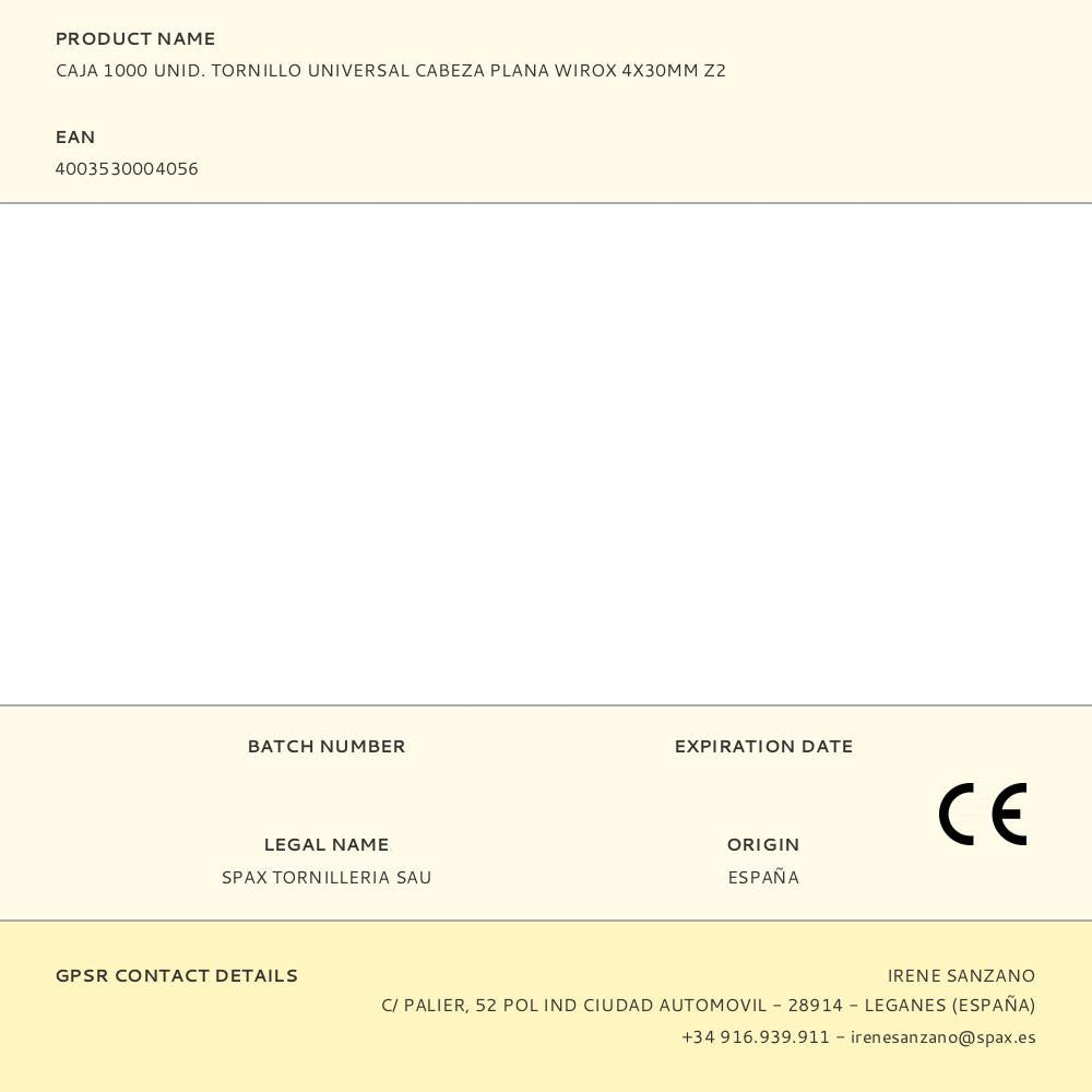 CAJA 1000 UNID. TORNILLO UNIVERSAL CABEZA PLANA WIROX 4X30MM Z2