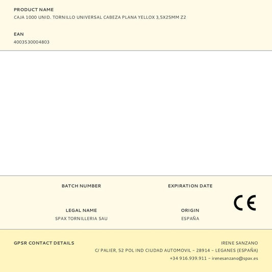 CAJA 1000 UNID. TORNILLO UNIVERSAL CABEZA PLANA YELLOX 3,5X25MM Z2