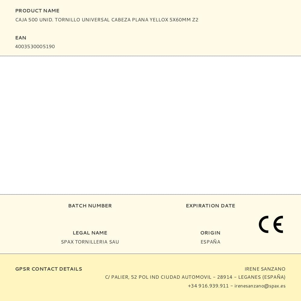 CAJA 500 UNID. TORNILLO UNIVERSAL CABEZA PLANA YELLOX 5X60MM Z2